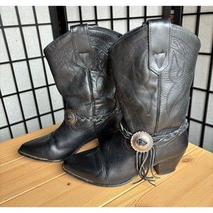 Oak Tree Farms | Black Arroyo Leather Fringe Strap Western Boots 7.5